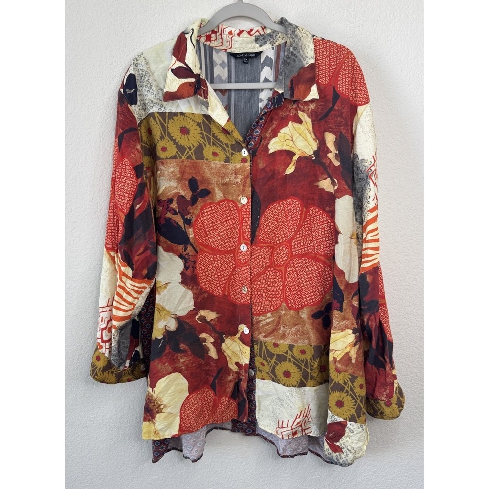John Mark Mixed Print Blouse Top Woman's 3X Patchwork Button Front Boho Artsy